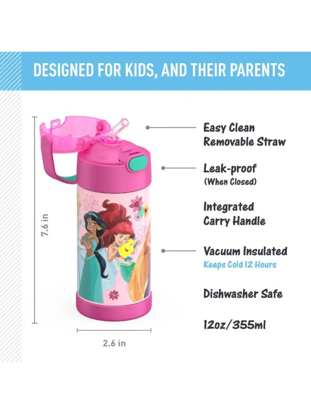 12oz Insulated Water Bottle with Straw - Kids' Princess Design, Perfect for
